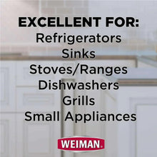 Weiman stainless steel wipes canister with 'Excellent for' appliances list