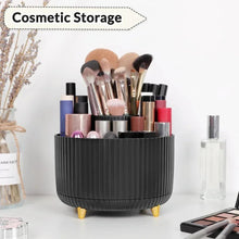360-degree rotating organizer with ribbed black holder filled with makeup brushes and pens