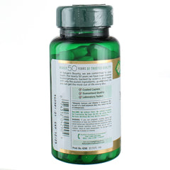 Back of green Nature's Bounty calcium magnesium zinc supplement bottle showing coated caplets and product label