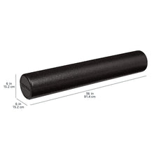 Black foam roller shown with size dimensions