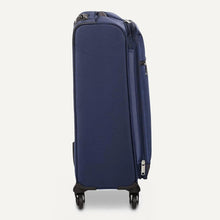 Navy softside spinner suitcase viewed from the side with zipper details and wheels