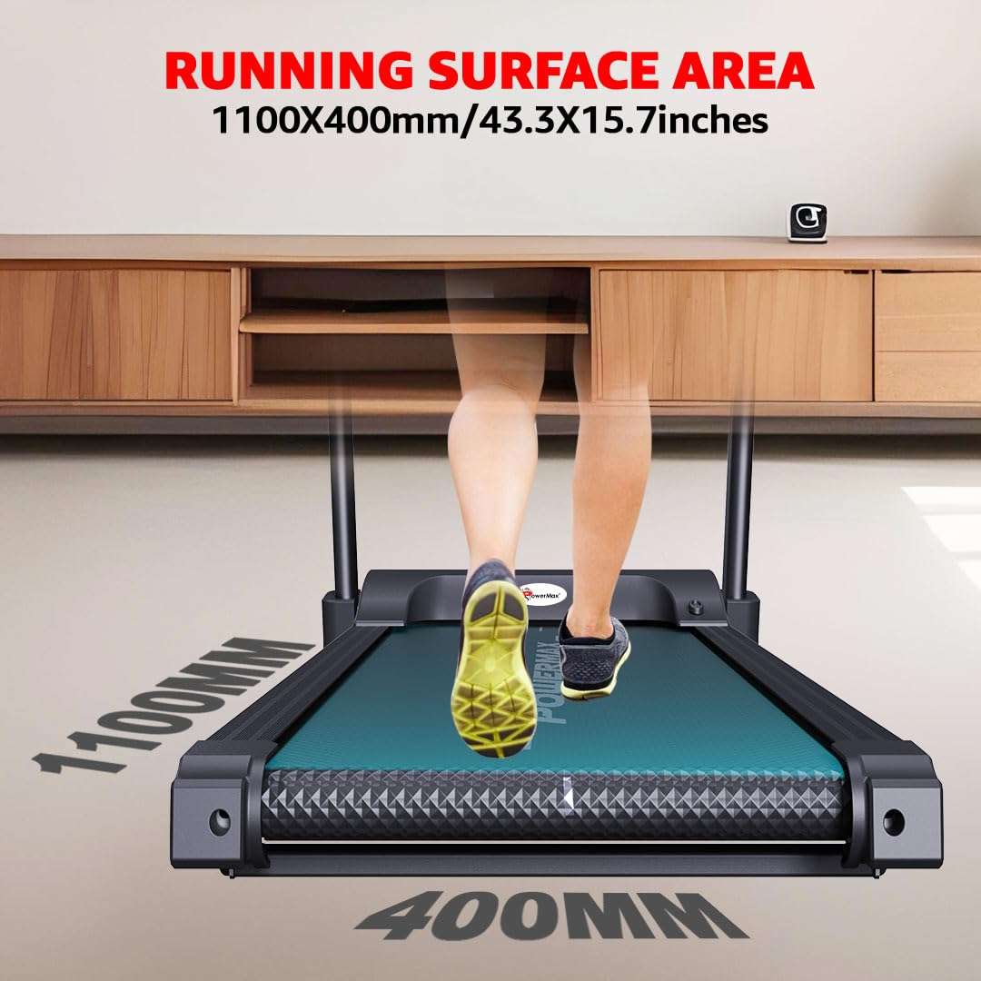 PowerMax Fitness TDM-97 (4HP Peak) Flat Motorised Treadmill for Home [Speed:10kmph, Max User Weight:100kg, Foldable,12 Workout Programs, MP3] Free (DIY) Installation Assistance