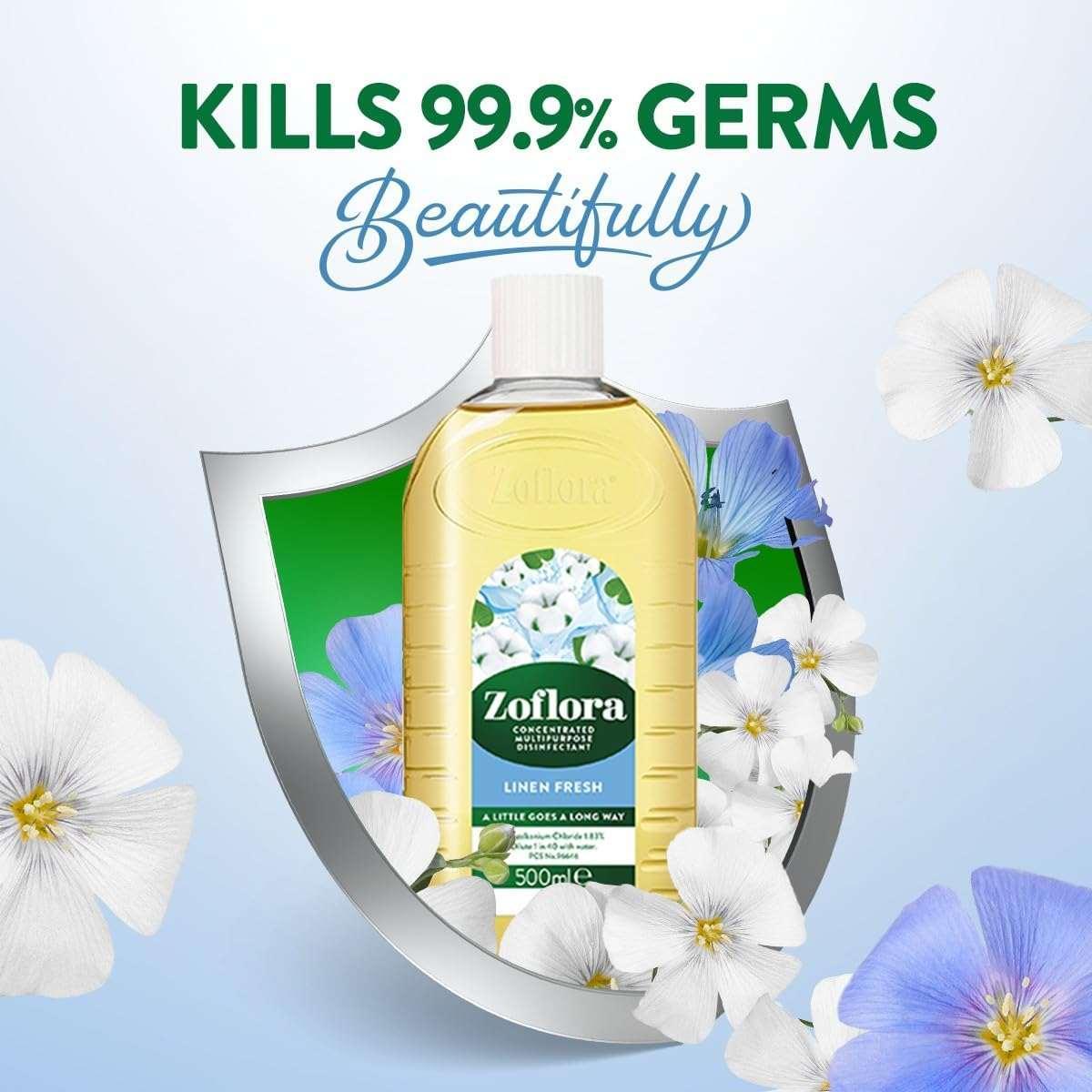 Zoflora Multipurpose Disinfectant - Linen Fresh- 500 ml | Anti-bacterial | All surface Cleaner | Home, Kitchen & Bathroom Cleaning | Eliminates Odour | 24 Hours fragrance - Mumzar