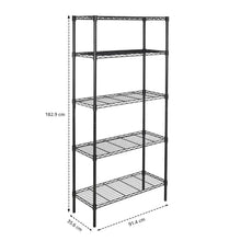 Black wire storage rack with five shelves and overall dimensions 182.9 cm shown