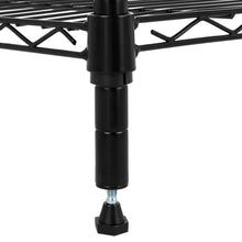 Black adjustable leveling foot for metal wire shelving with threaded base