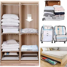 Vacuum storage bags compressed and stored in wardrobe shelves and drawer-style compartments
