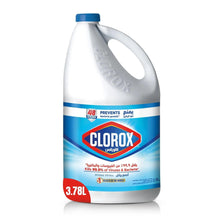 Clorox Original liquid bleach bottle, 3.78L, white with blue cap and carry handle