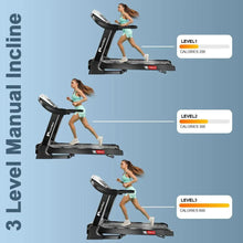 Motorized treadmill shown with three running stances at different incline levels.