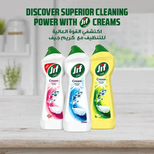 Jif creams cleaning set with three bottles: blue, pink, and yellow labels, green caps.