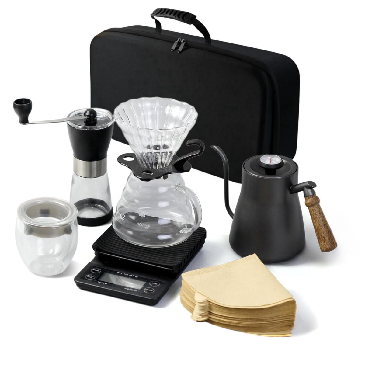 Pour Over Coffee Maker set, V60 Kit with Portable Carry Case, Kettle with Thermometer, Drip Filter Share Pot,Filters, Coffee Scale, Double wall Mug, Manual Grinders