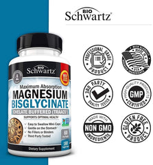 BioSchwartz Non-GMO Project Verified Magnesium Bisglycinate Chelate No-Laxative Effect Mineral Supplement