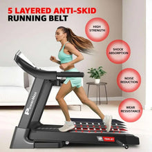 Motorized treadmill with black running belt, console, and handrails, used for running.