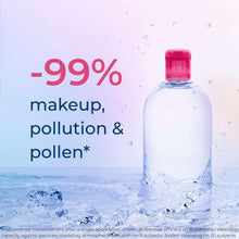 Micellar water bottle with pink cap and water droplets, -99% makeup text