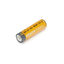 AA alkaline battery with orange label, gray cap, and metal terminals with plus sign