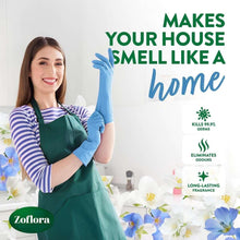 Multipurpose disinfectant cleaner on a person in gloves, holding hands up to spray area
