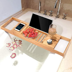 Bathtub Tray Bamboo Bathtub Stand Holder Adjustable Bath Tray With Extendable Luxury Book Rest, Device Tablet, Kindle, Ipad, Smart Phone Tray For A Home Spa Experience, Yellow