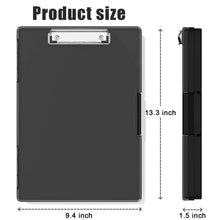 Black dry-erase clipboard with size dimensions, front view and slim side profile