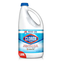 Clorox liquid bleach jug, 1.89L, white bottle with blue cap and label