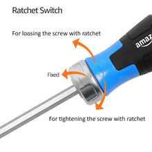 Ratchet screwdriver head with rotating collar and fixed sleeve on a blue-and-black handle
