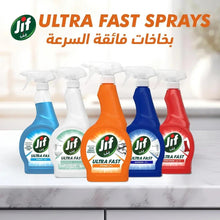 Jif Ultra Fast sprays lineup, orange, blue, white and red bottles with trigger sprayers