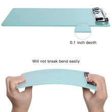 Small plastic clipboard showing 0.1 inch depth, light teal, metal clip on top.