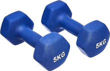 Blue neoprene dumbbell pair with 5KG markings.