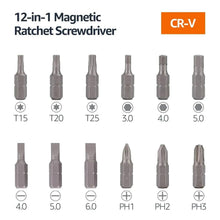 12-in-1 magnetic ratchet screwdriver with assorted bits: T15–T25 and 3.0–5.0 sizes