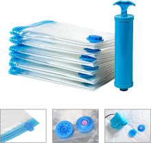 Multiple clear vacuum storage bags with blue valve caps and hand vacuum pump