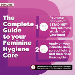 Betadine intimate wash moisturizing calendula infographic showing two step daily intimate wash instructions and usage