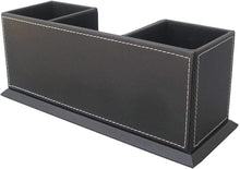 Black PU leather desk organizer box with open top and stitched edges, multiple compartments