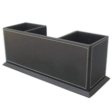 Black PU desk organizer with two outer compartments and open top channel, stitched trim.