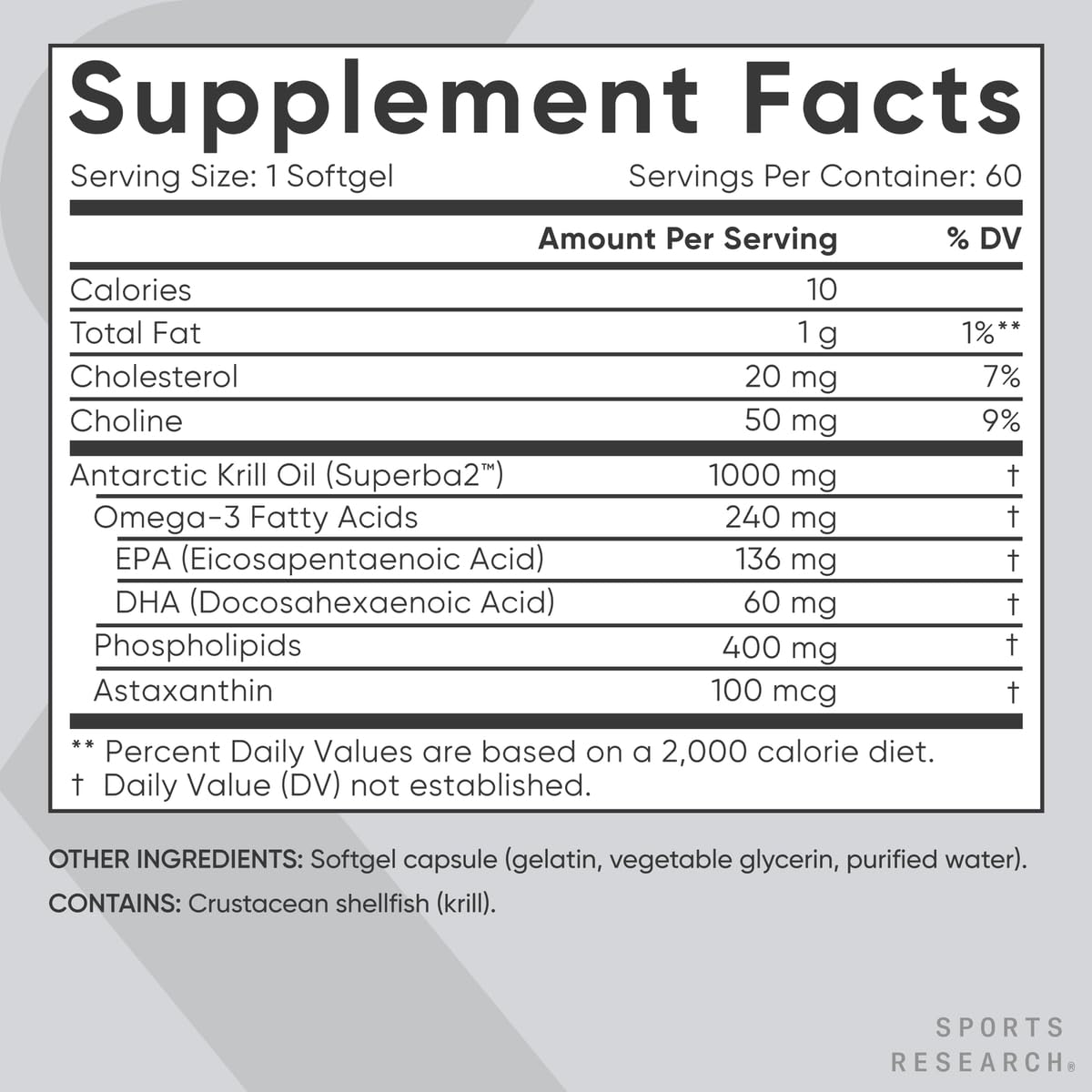 Sports Research supplement facts label for krill oil supplement 1000mg showing EPA DHA and phospholipids
