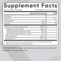 Sports Research supplement facts label for krill oil supplement 1000mg showing EPA DHA and phospholipids