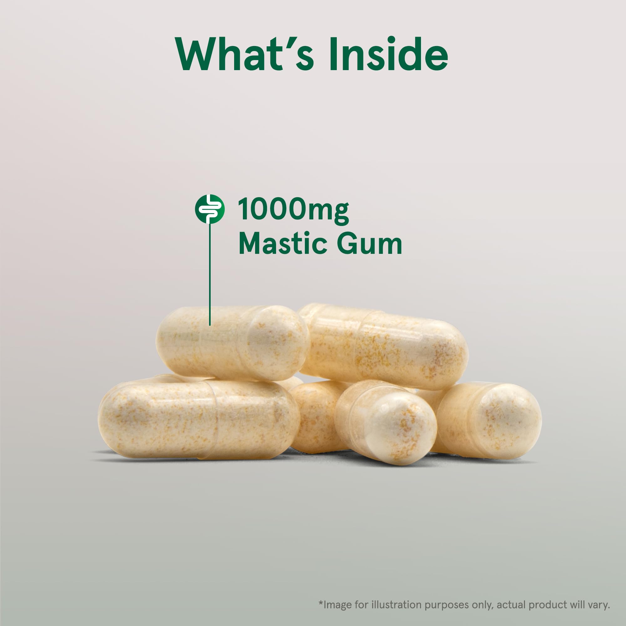 Jarrow Formulas Mastic Gum 1000mg beige capsules stacked close up showing powder filled supplement capsules