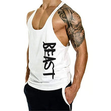 Men's white tank top with black 'BEAST' logo-style front print