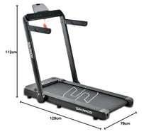 Under-desk walking treadmill with dimensions, compact folded frame, side profile view