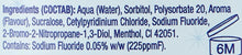 Kids quick-rinse mouthwash ingredients label, includes sodium fluoride 0.05% w/w