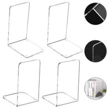 Set of clear acrylic bookends in an angled open U shape for supporting books.