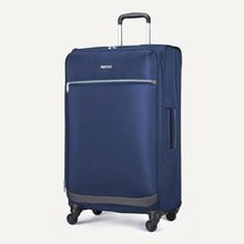 Navy softside spinner suitcase with front zip panel and vertical side pocket