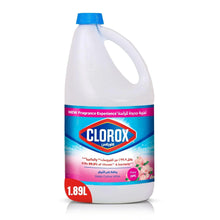 Liquid bleach jug with blue cap and label, floral-scent formula in 1.89L bottle