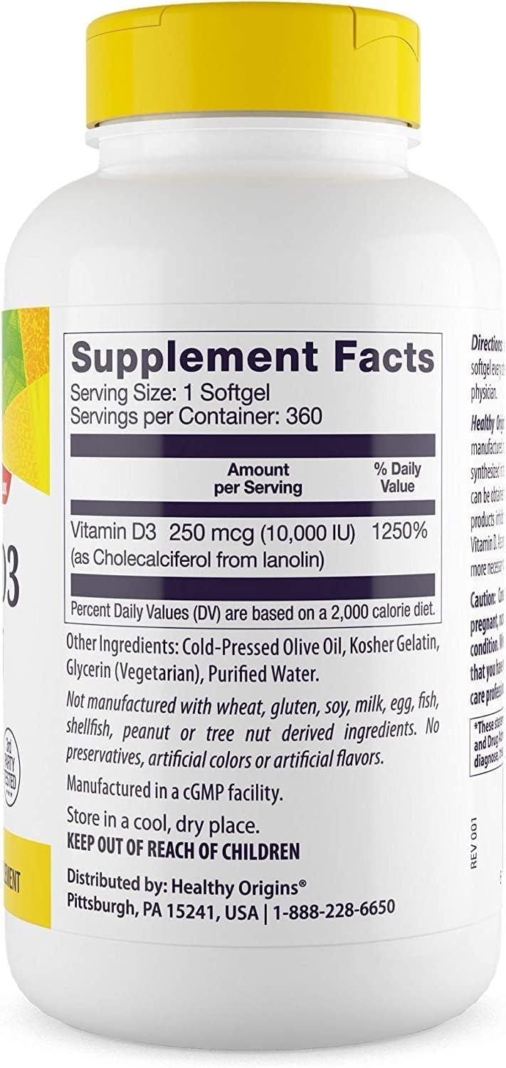 Healthy Origins Vitamin D3 (Lanolin) 10,000 IU Softgel - 1 Year Supply - Bone Health and Immune Support Supplement - Easily Absorbable Vitamin D - Gluten-Free Vitamin D3 Supplement - 360 Softgels