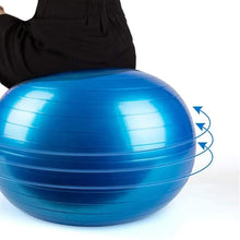 Anti-burst exercise ball in blue, shown with stability and bounce arrows