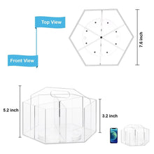 Clear octagonal acrylic pen organizer with six compartments and central rotating stem