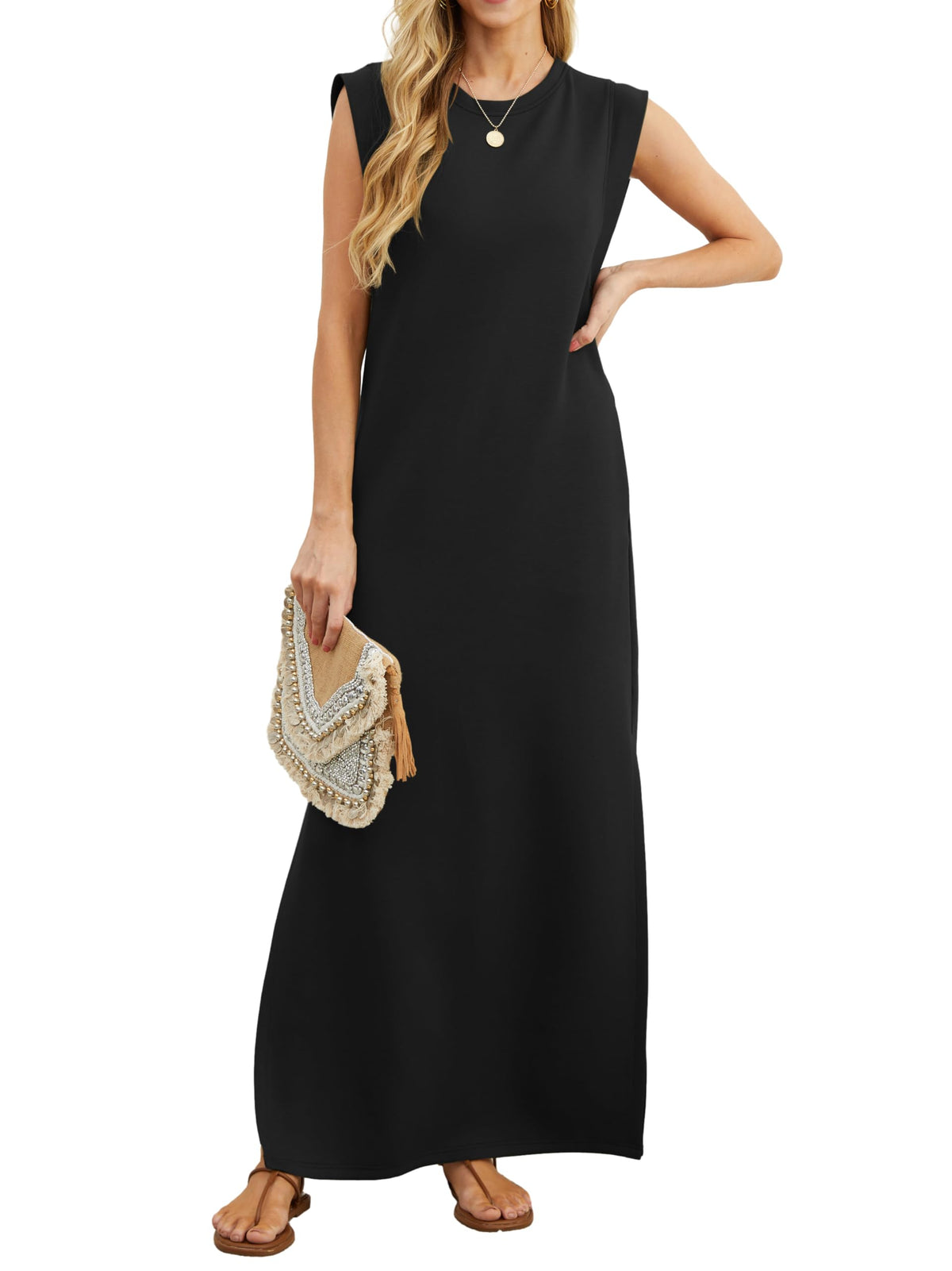 GRECERELLE Vestido largo de verano para mujer, estilo camisero informal, elegante, básico, sin mangas, con abertura y bolsillos, para Reino Unido