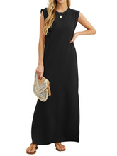 Black sleeveless maxi dress with scoop neck and side slit, casual shirt-style cut