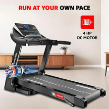 Motorized treadmill with black running belt, front roller housing, and control console.