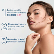 Bioderma Sensibio H2O cleansing steps graphic with model applying to face