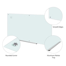 White glass dry-erase magnetic board details: rounded corner and aluminum marker tray