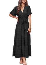 Black Swiss-dot wrap maxi dress with tie belt, V-neck, short flutter sleeves