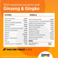 Centrum Energy, Multivitamin, with Vitamin C, Vitamin D3, Ginseng, Gingko Biloba, Magnesium and others, Boosts and Supports Mental Energy, 30 Tablets